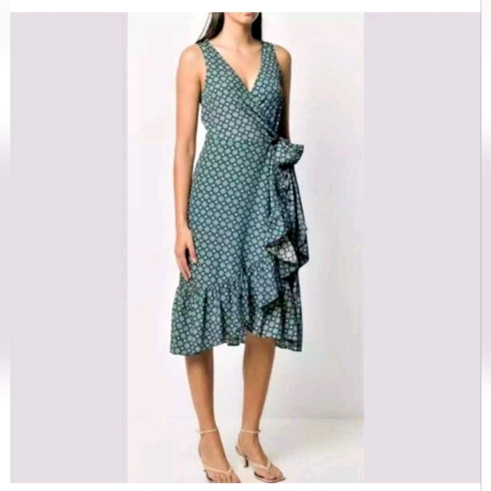 Tory Burch Logo Medallion Batik Print Ruffle Wrap Boho Green Blue Dress